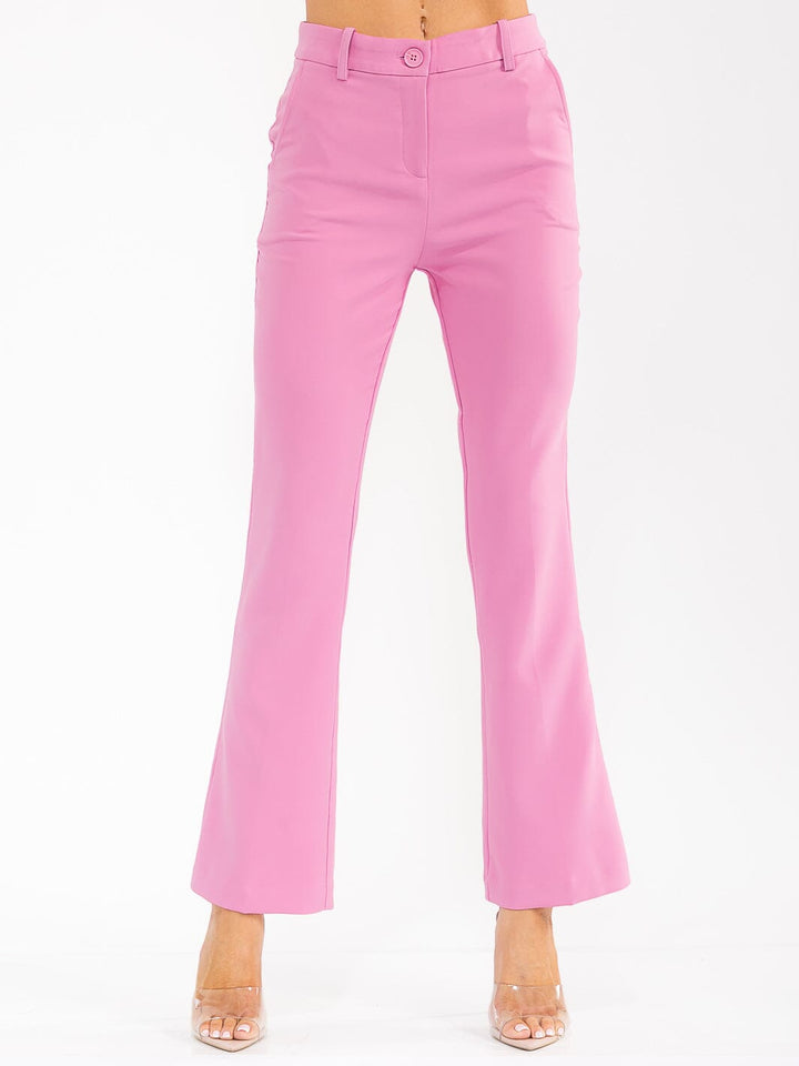 WOMEN'S BUTTON CLOSURE FRONT POCKET STRETCH WIDE LEG PANTS