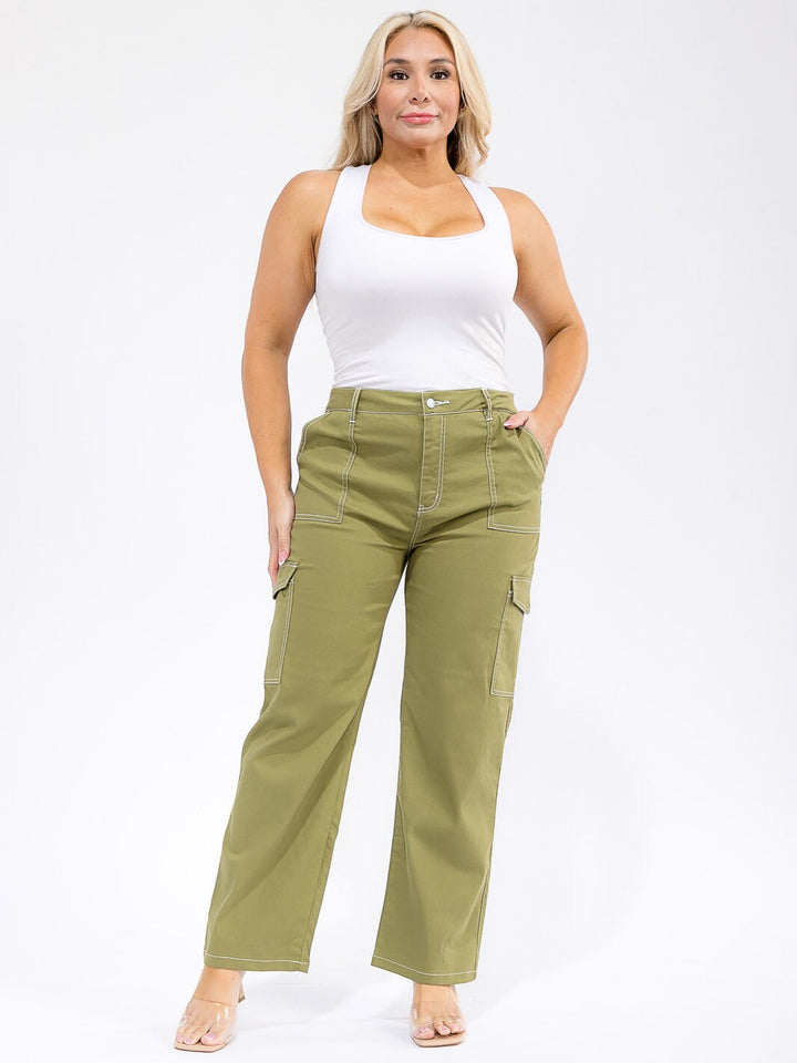 PLUS SIZE BUTTON CLOSURE CARGO POCKETS WIDE LEG PANTS