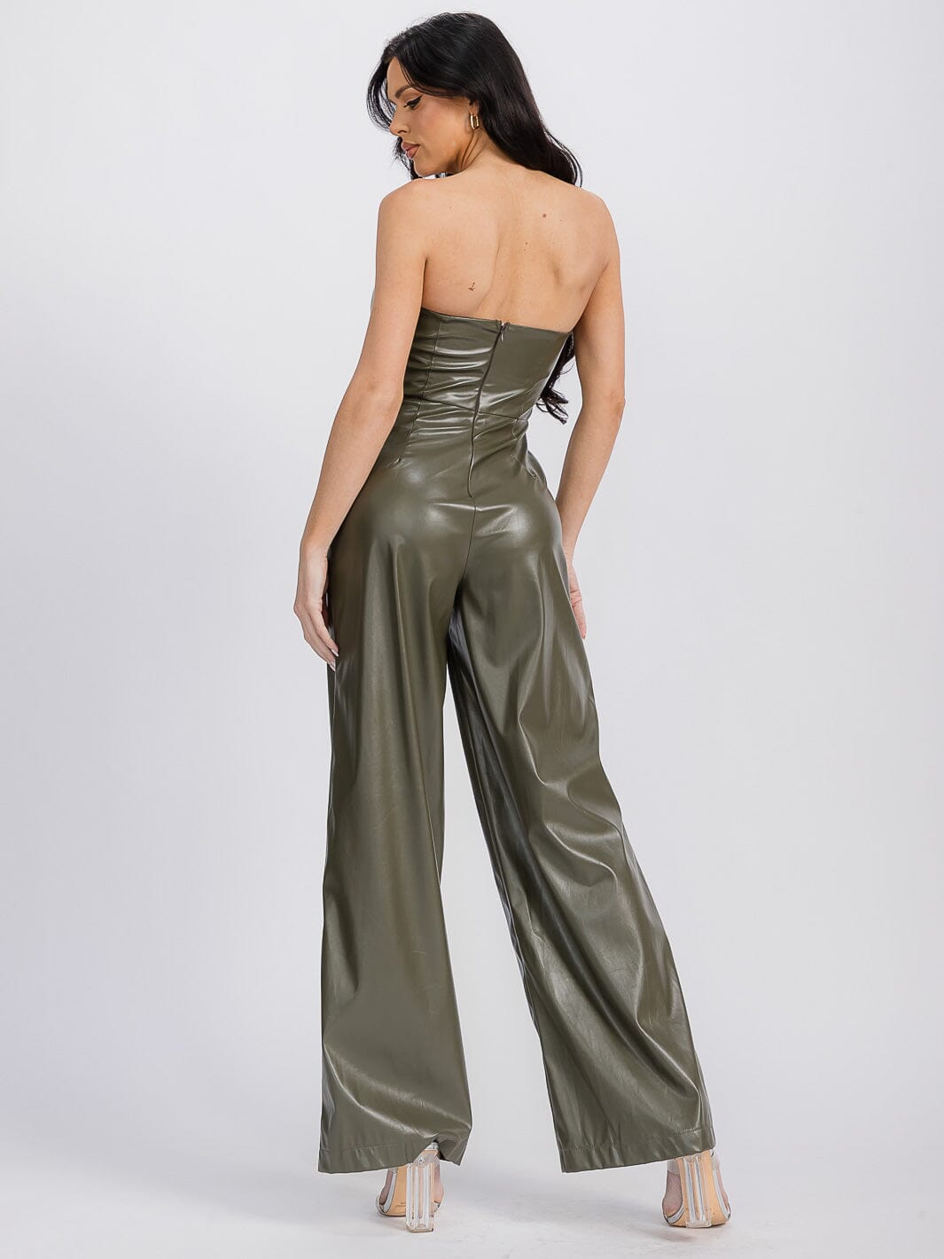 WOMEN'S SLEEVELESS PU PLEATHER WIDE LEG JUMPSUIT