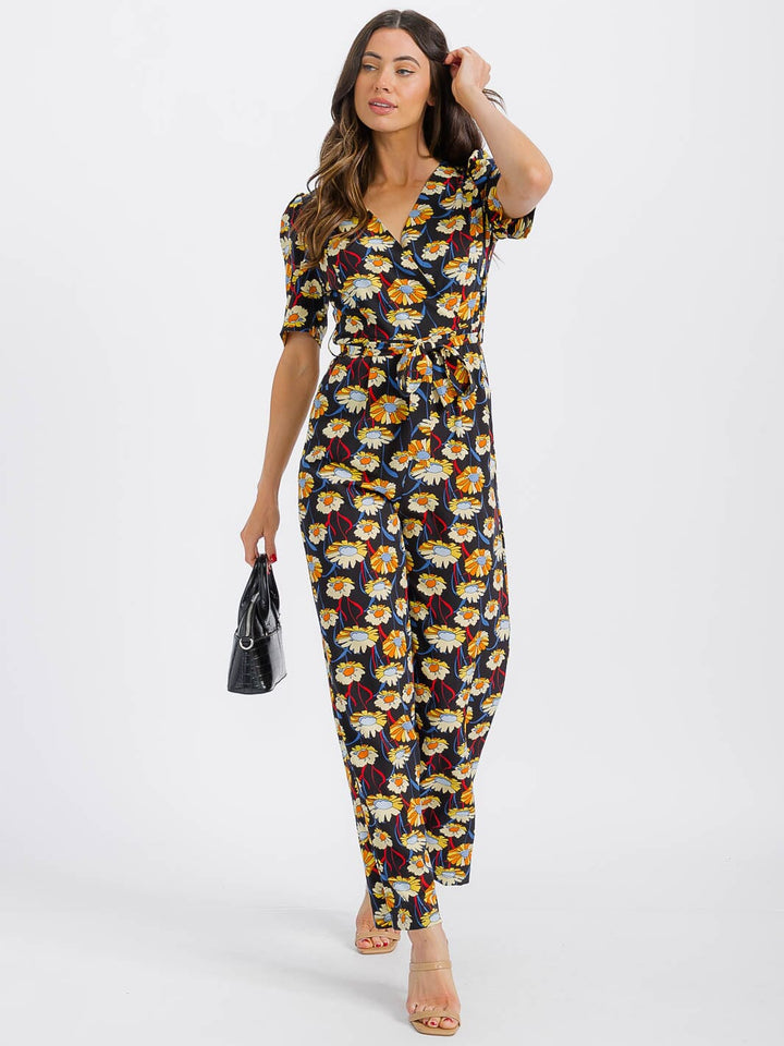 WOMEN'S SHORT SLEEVE SURPLICE SELF TIE FRONT POCKETS FLORAL JUMPSUIT