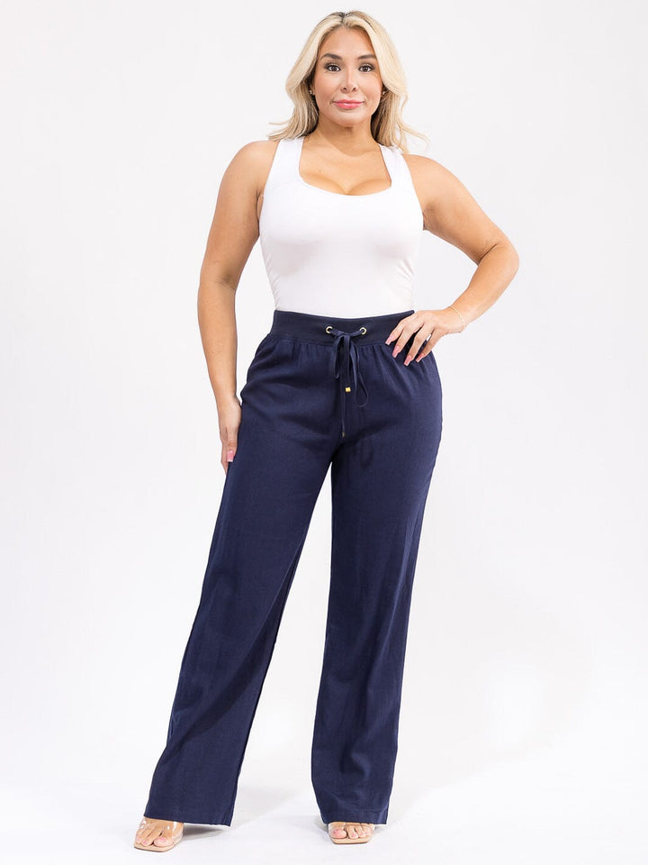 PLUS SIZE ELASTIC WAIST POCKETS SELF TIE WIDE LEG LEG PANTS