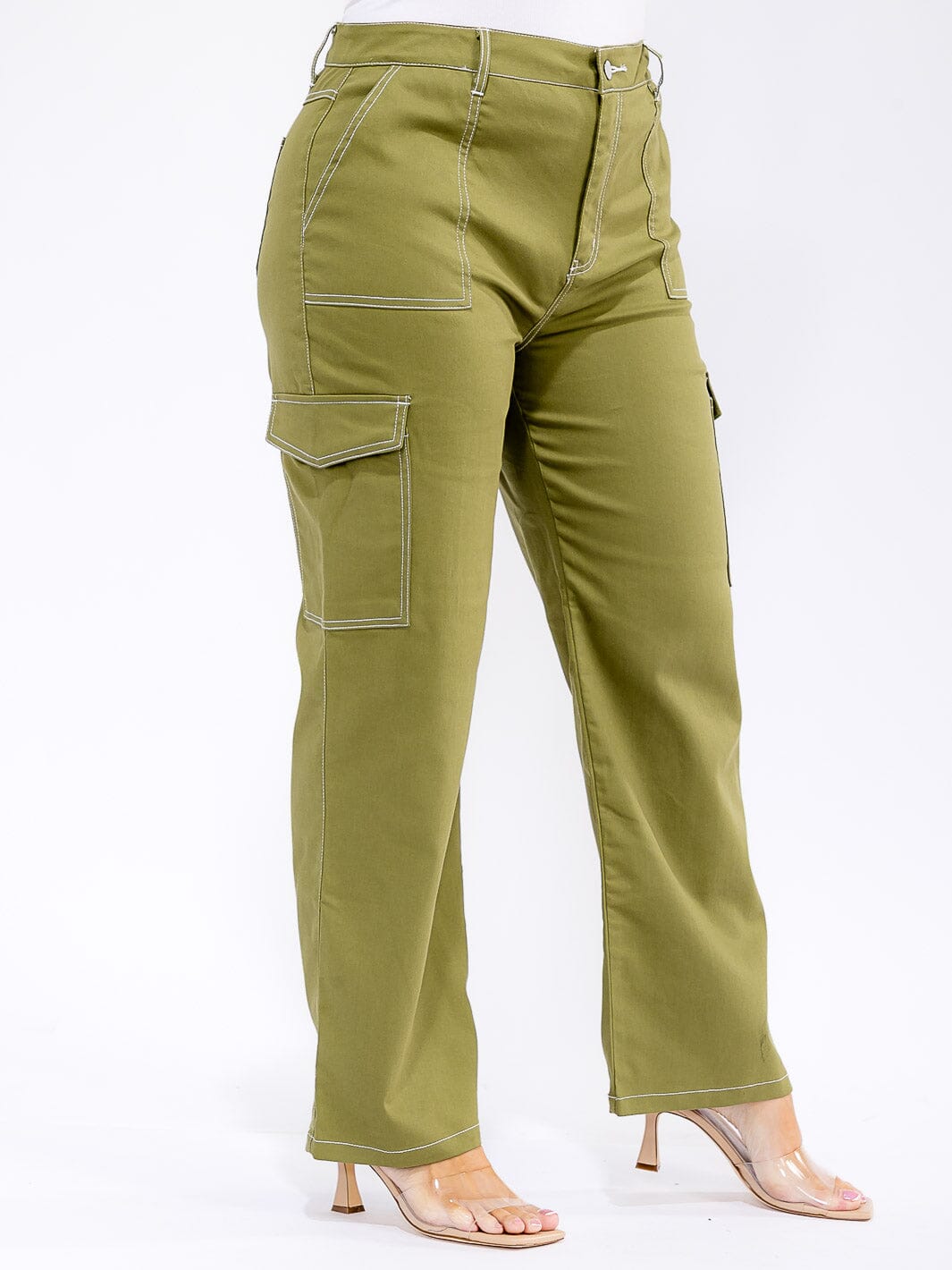 PLUS SIZE BUTTON CLOSURE CARGO POCKETS WIDE LEG PANTS