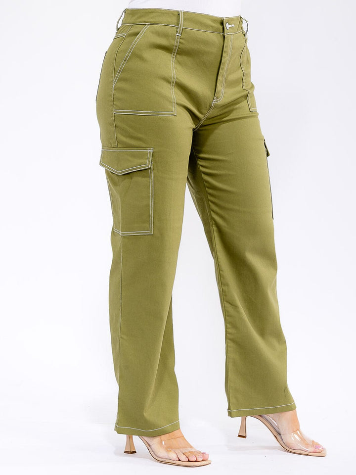 PLUS SIZE BUTTON CLOSURE CARGO POCKETS WIDE LEG PANTS