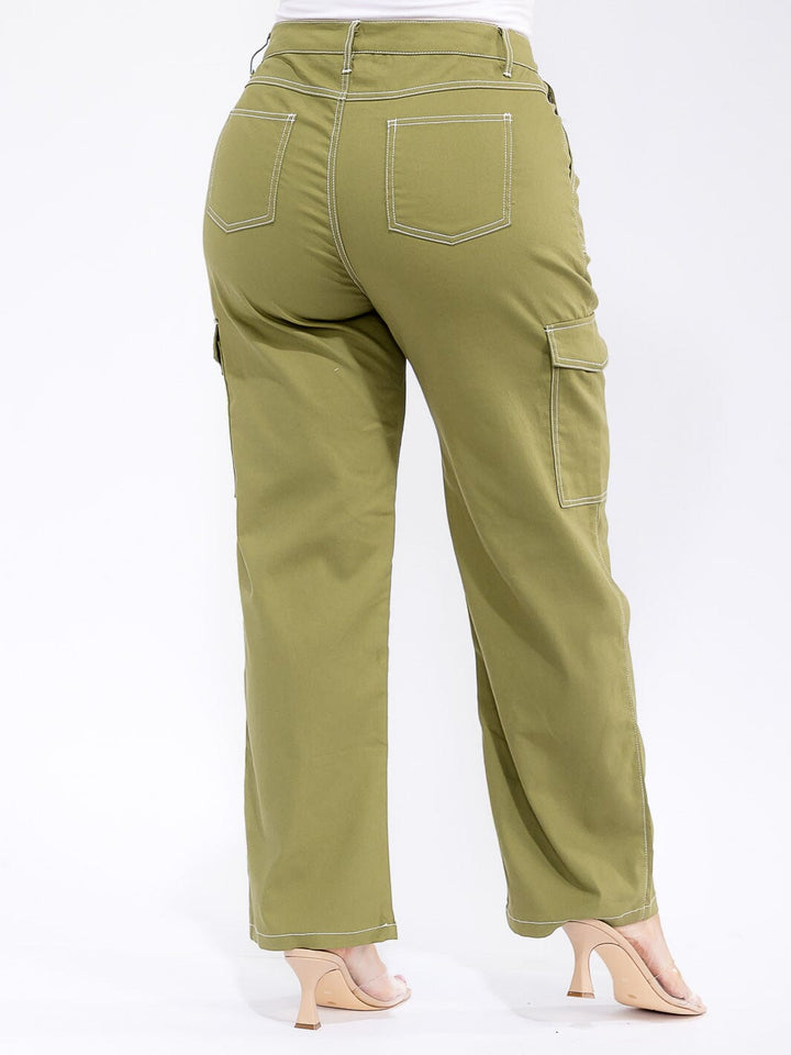 PLUS SIZE BUTTON CLOSURE CARGO POCKETS WIDE LEG PANTS