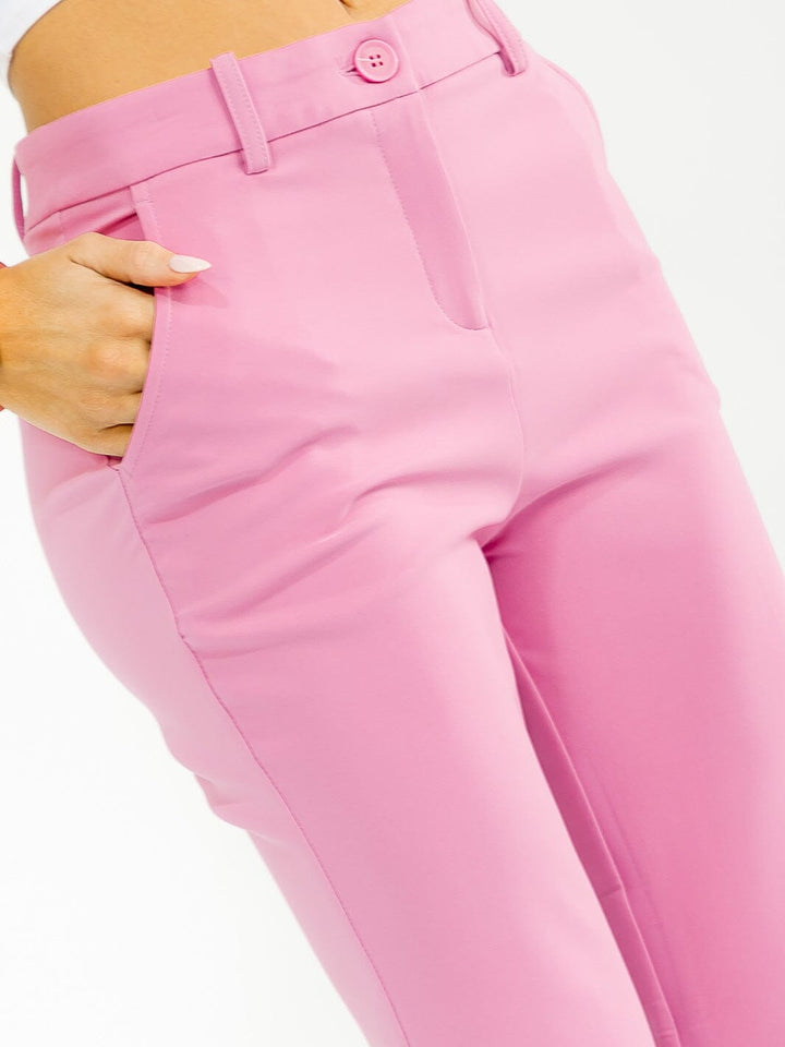 WOMEN'S BUTTON CLOSURE FRONT POCKET STRETCH WIDE LEG PANTS