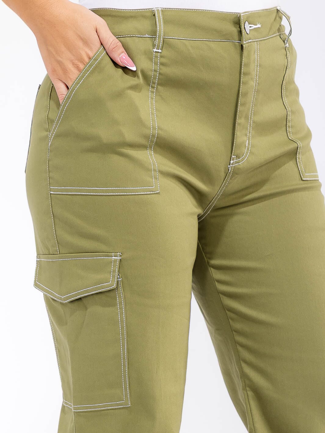 PLUS SIZE BUTTON CLOSURE CARGO POCKETS WIDE LEG PANTS