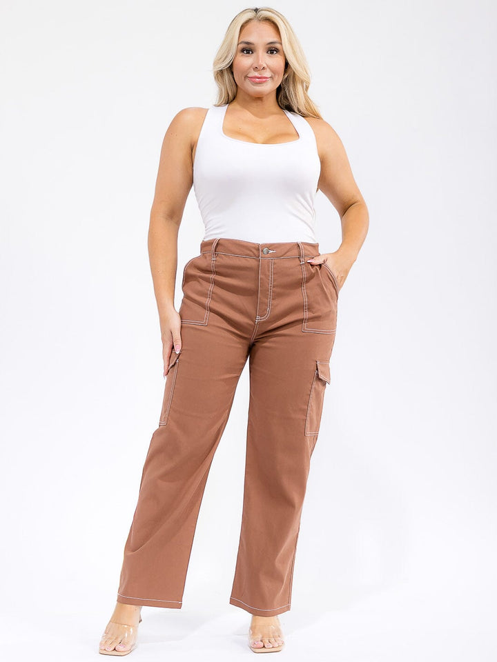 PLUS SIZE BUTTON CLOSURE CARGO POCKETS WIDE LEG PANTS
