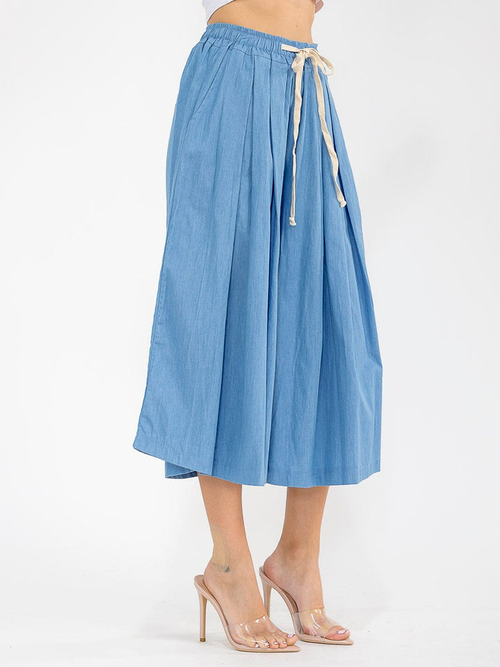 WOMEN'S ELASTIC WAIST FRONT POCKETS WIDE LEG PALAZZO DENIM BERMUDA
