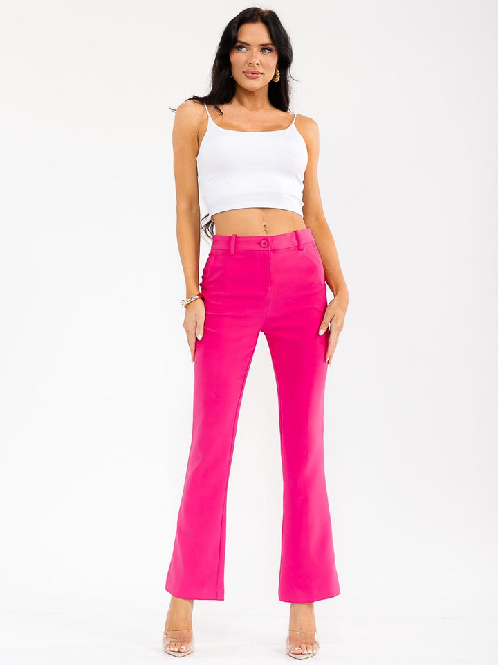 WOMEN'S BUTTON CLOSURE FRONT POCKET STRETCH WIDE LEG PANTS