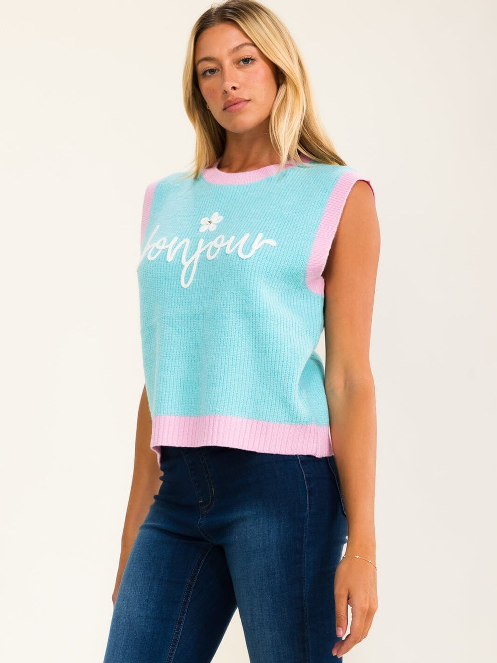 WOMEN'S SLEEVELESS COLORBLOCK GRAPHIC SWEATER TOP
