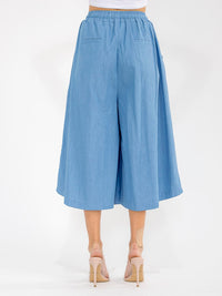 WOMEN'S ELASTIC WAIST FRONT POCKETS WIDE LEG PALAZZO DENIM BERMUDA