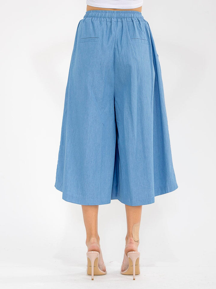 WOMEN'S ELASTIC WAIST FRONT POCKETS WIDE LEG PALAZZO DENIM BERMUDA