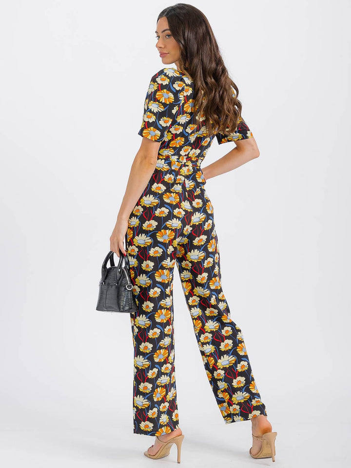 WOMEN'S SHORT SLEEVE SURPLICE SELF TIE FRONT POCKETS FLORAL JUMPSUIT