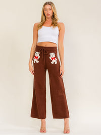 WOMEN'S ELASTIC WAIST SELF TIE GRAPHIC WIDE LEG KNIT PANTS