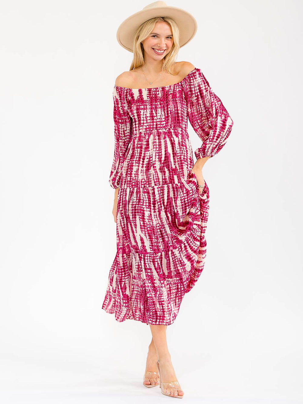 WOMEN'S 3/4 SLEEVES SQUARE NECK SMOCK ANIMAL PRINT MAXI DRESS