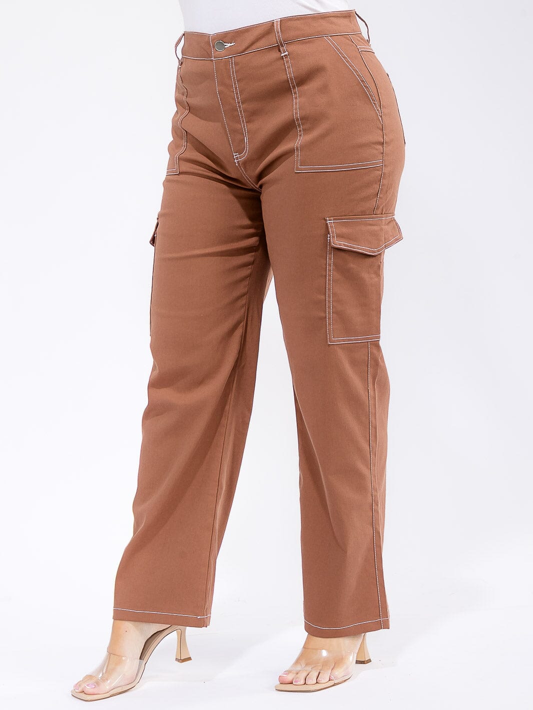 PLUS SIZE BUTTON CLOSURE CARGO POCKETS WIDE LEG PANTS