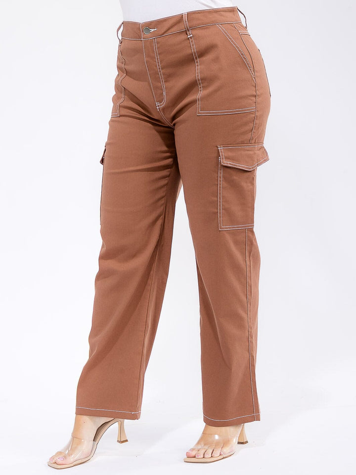 PLUS SIZE BUTTON CLOSURE CARGO POCKETS WIDE LEG PANTS