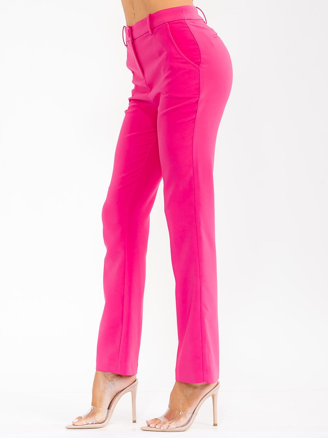 WOMEN'S BUTTON CLOSURE FRONT POCKET STRETCH WIDE LEG PANTS