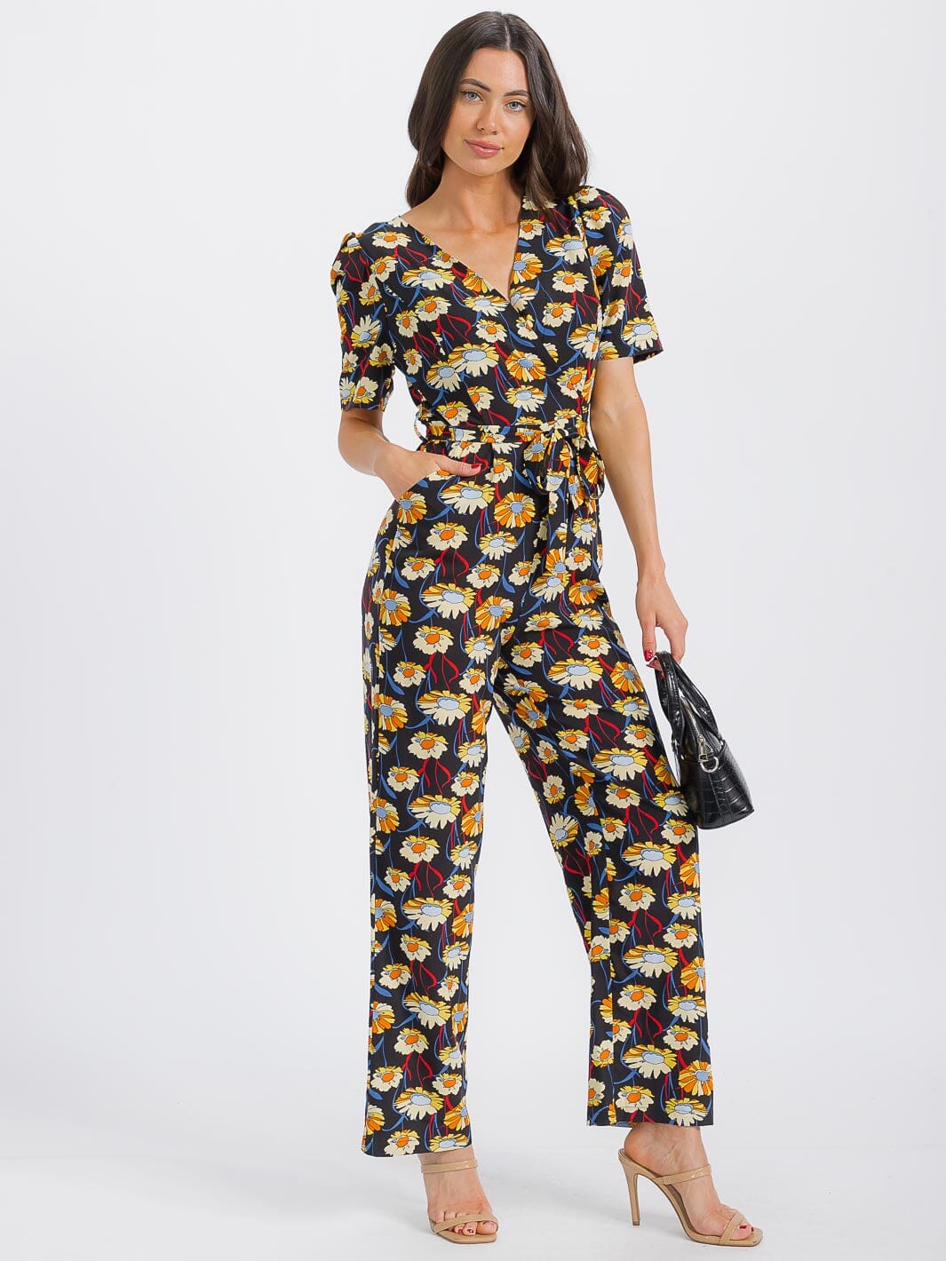 WOMEN'S SHORT SLEEVE SURPLICE SELF TIE FRONT POCKETS FLORAL JUMPSUIT