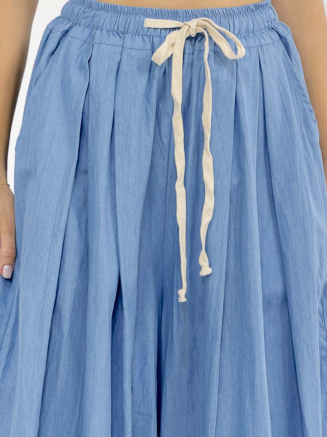 WOMEN'S ELASTIC WAIST FRONT POCKETS WIDE LEG PALAZZO DENIM BERMUDA