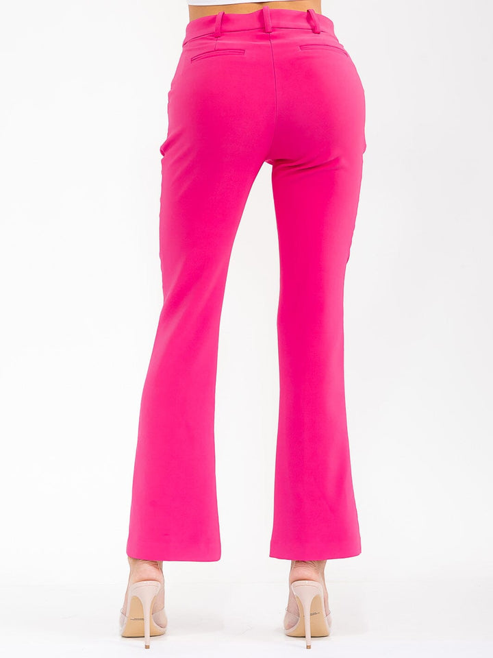 WOMEN'S BUTTON CLOSURE FRONT POCKET STRETCH WIDE LEG PANTS