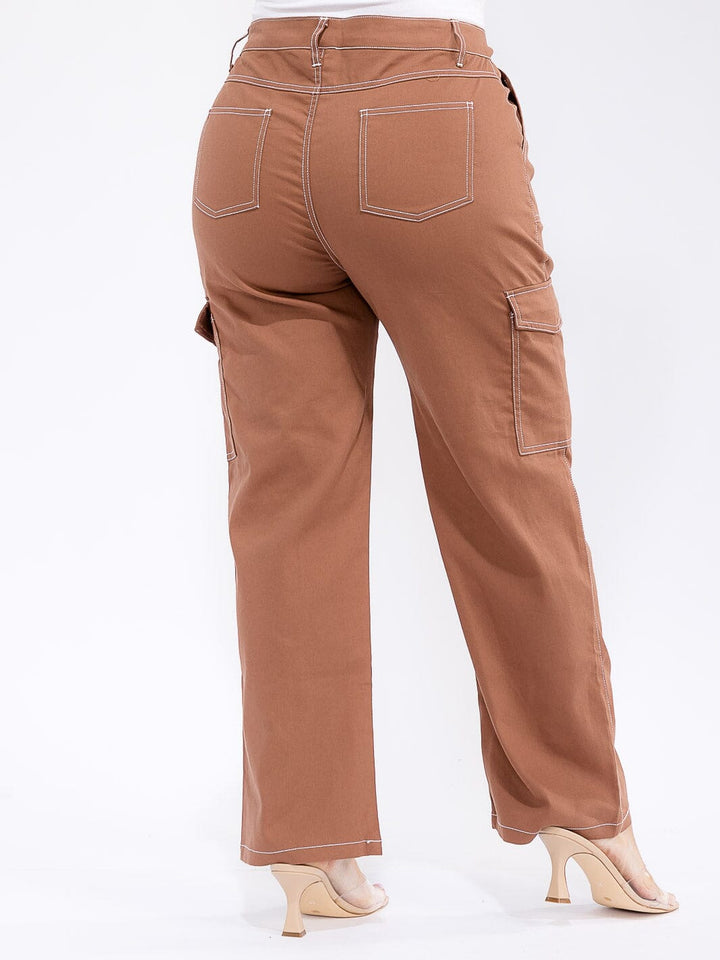 PLUS SIZE BUTTON CLOSURE CARGO POCKETS WIDE LEG PANTS