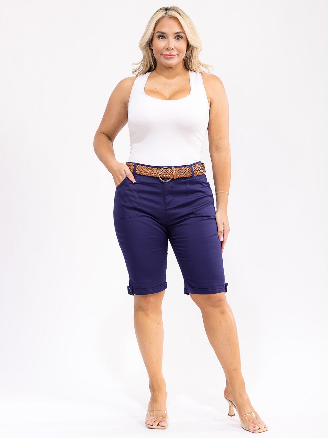 PLUS SIZE BUTTON CLOSURE POCKETS BELTED BIKER SHORTS