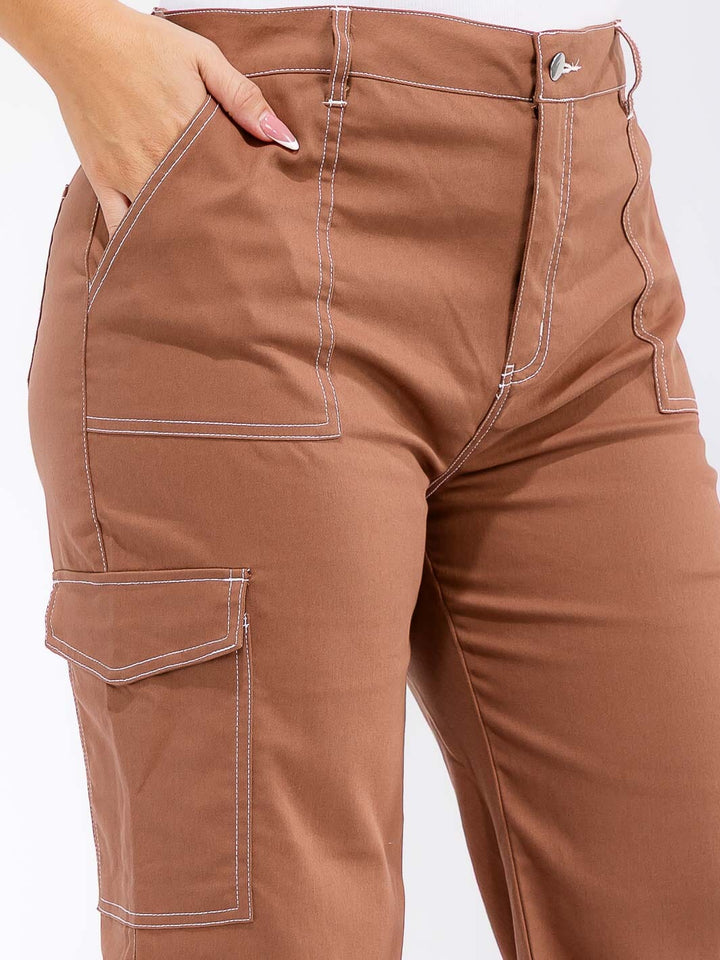 PLUS SIZE BUTTON CLOSURE CARGO POCKETS WIDE LEG PANTS