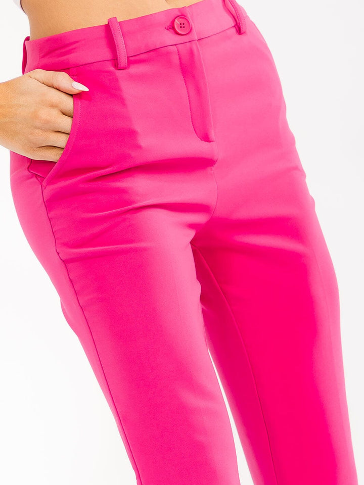 WOMEN'S BUTTON CLOSURE FRONT POCKET STRETCH WIDE LEG PANTS