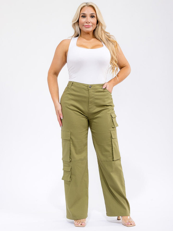 PLUS SIZE BUTTON CLOSURE CARGO POCKETS WIDE LEG PANTS