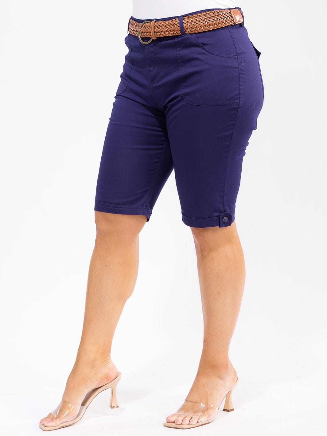 PLUS SIZE BUTTON CLOSURE POCKETS BELTED BIKER SHORTS