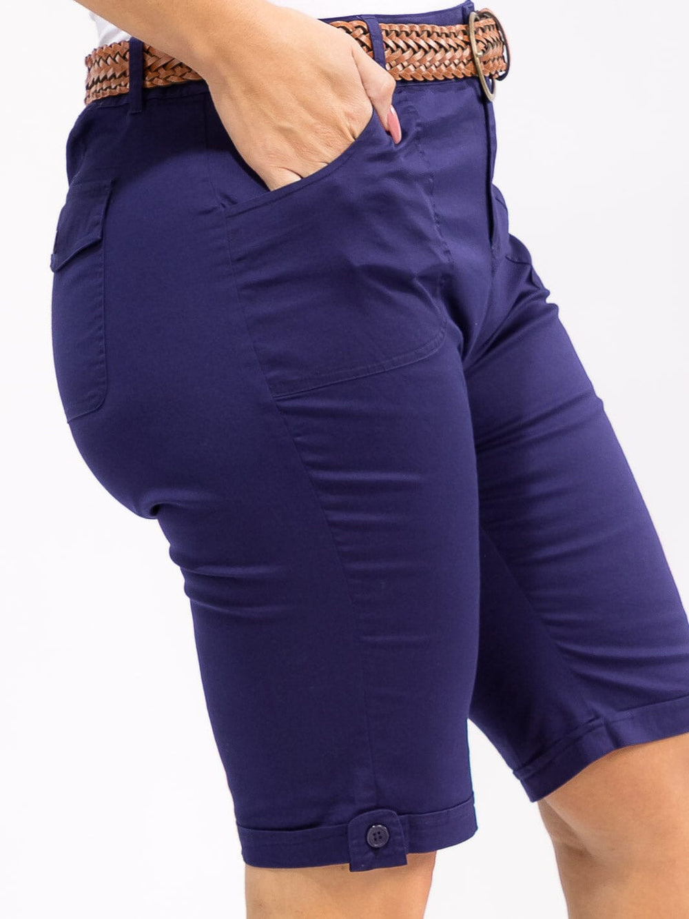 PLUS SIZE BUTTON CLOSURE POCKETS BELTED BIKER SHORTS