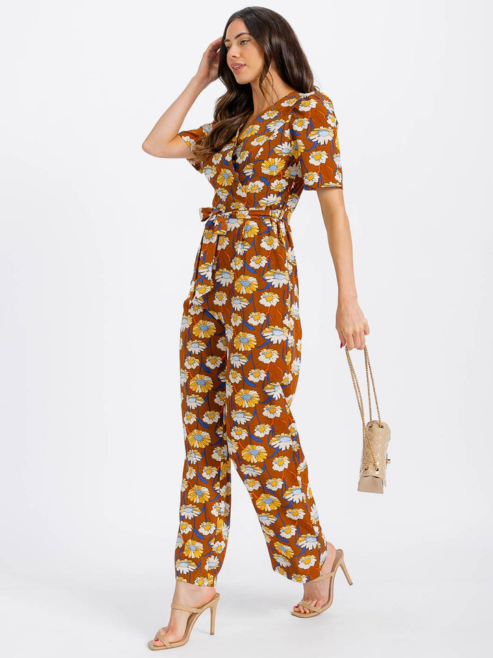 WOMEN'S SHORT SLEEVE SURPLICE SELF TIE FRONT POCKETS FLORAL JUMPSUIT