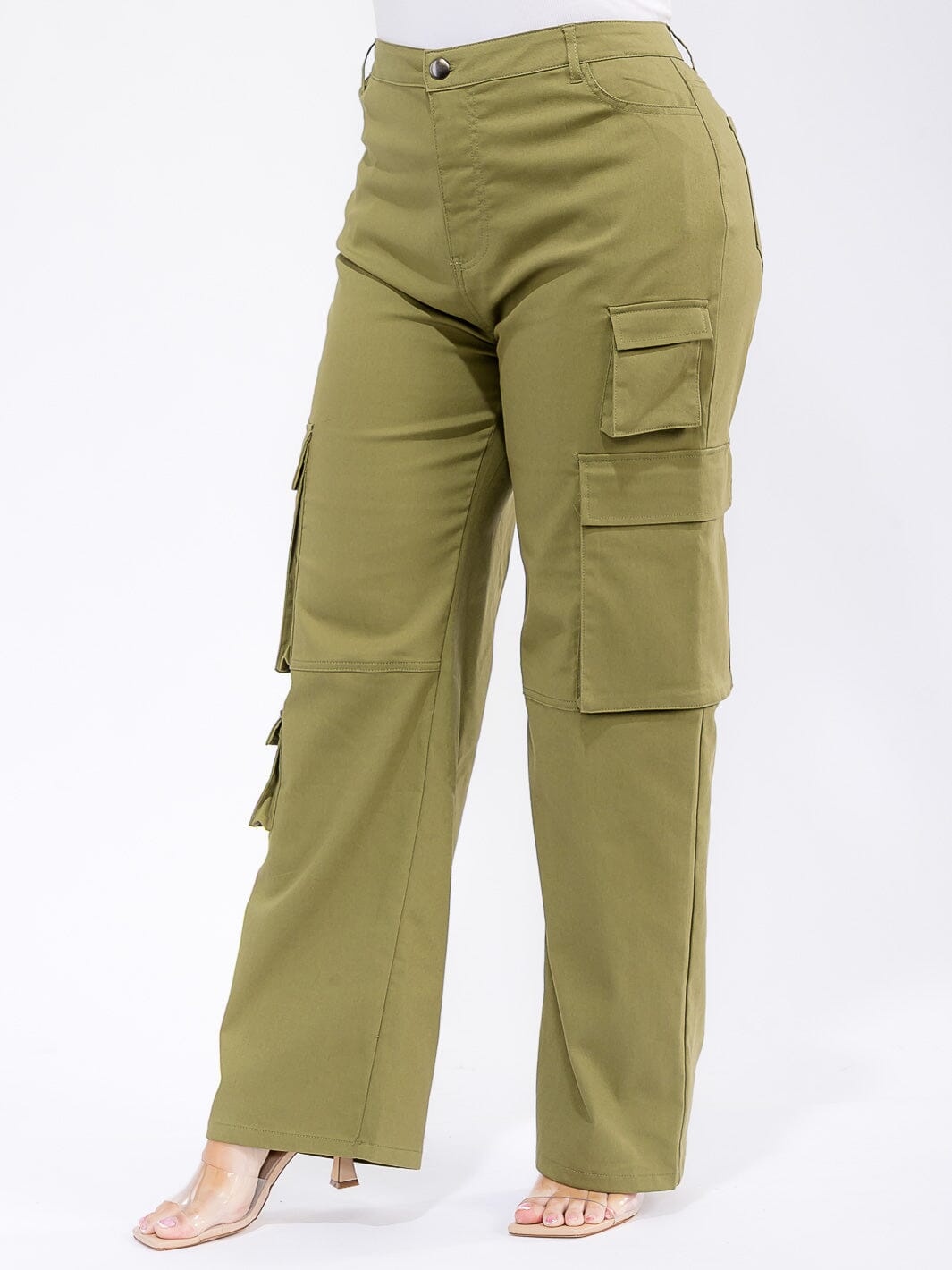 PLUS SIZE BUTTON CLOSURE CARGO POCKETS WIDE LEG PANTS