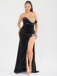 WOMEN'S SLEEVELESS FRONT SLIT SEQUINS VELVET BODYCON MAXI DRESS