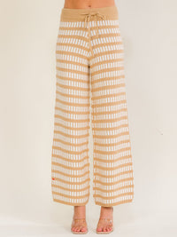 WOMEN'S ELASTIC WAIST SELF TIE COLORBLOCK WIDE LEG KNIT PANTS