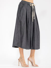 WOMEN'S ELASTIC WAIST FRONT POCKETS WIDE LEG PALAZZO DENIM BERMUDA