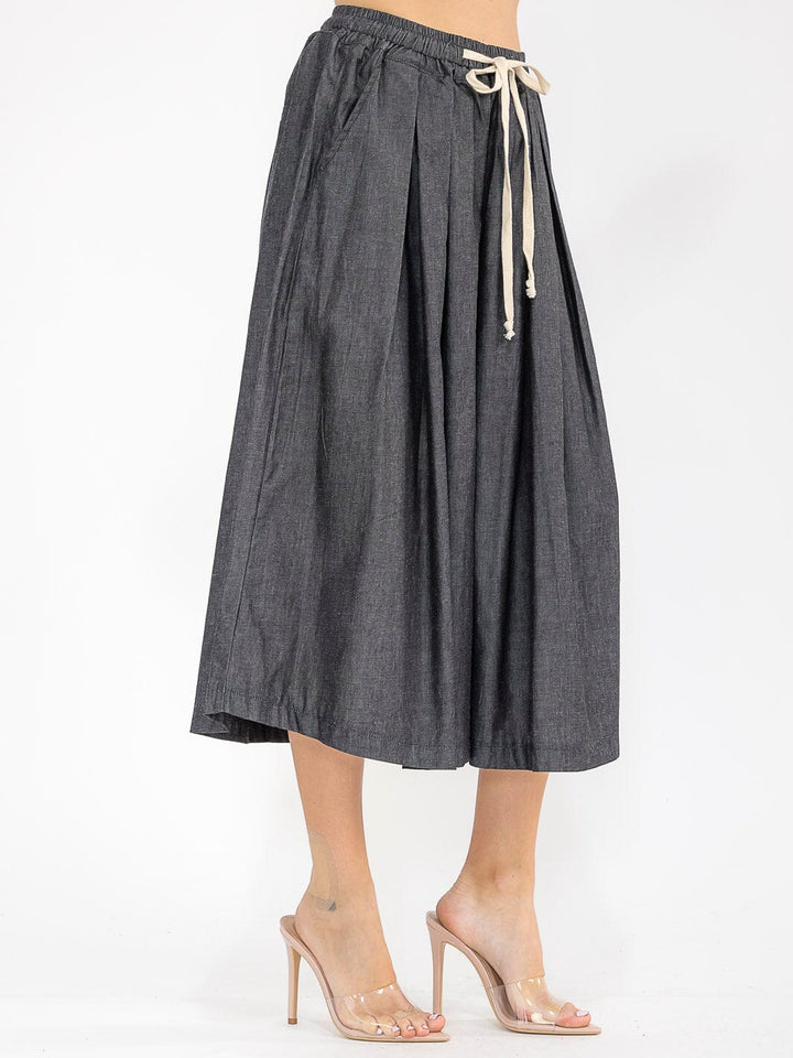 WOMEN'S ELASTIC WAIST FRONT POCKETS WIDE LEG PALAZZO DENIM BERMUDA