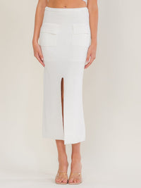 WOMEN'S ELASTIC WAIST FRONT SLIT POCKETS KNIT MAXI SKIRT