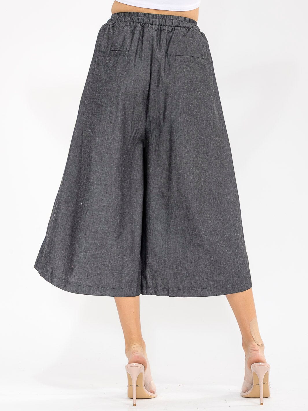 WOMEN'S ELASTIC WAIST FRONT POCKETS WIDE LEG PALAZZO DENIM BERMUDA