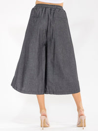 WOMEN'S ELASTIC WAIST FRONT POCKETS WIDE LEG PALAZZO DENIM BERMUDA