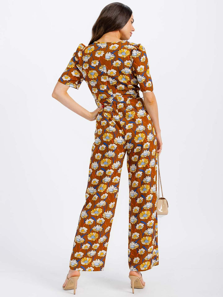 WOMEN'S SHORT SLEEVE SURPLICE SELF TIE FRONT POCKETS FLORAL JUMPSUIT