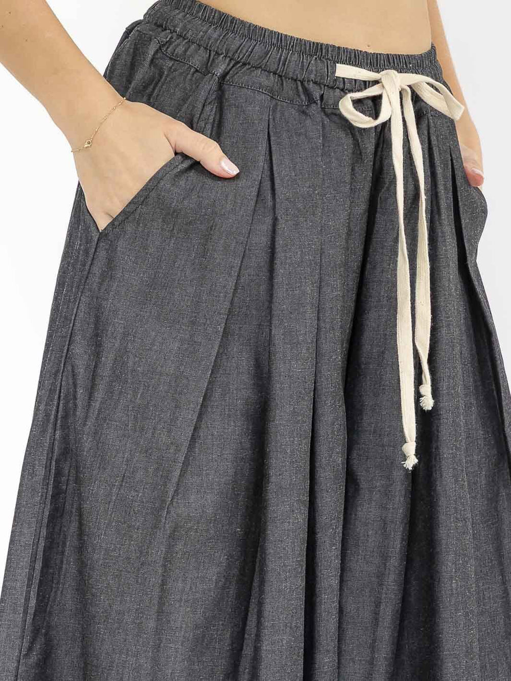 WOMEN'S ELASTIC WAIST FRONT POCKETS WIDE LEG PALAZZO DENIM BERMUDA