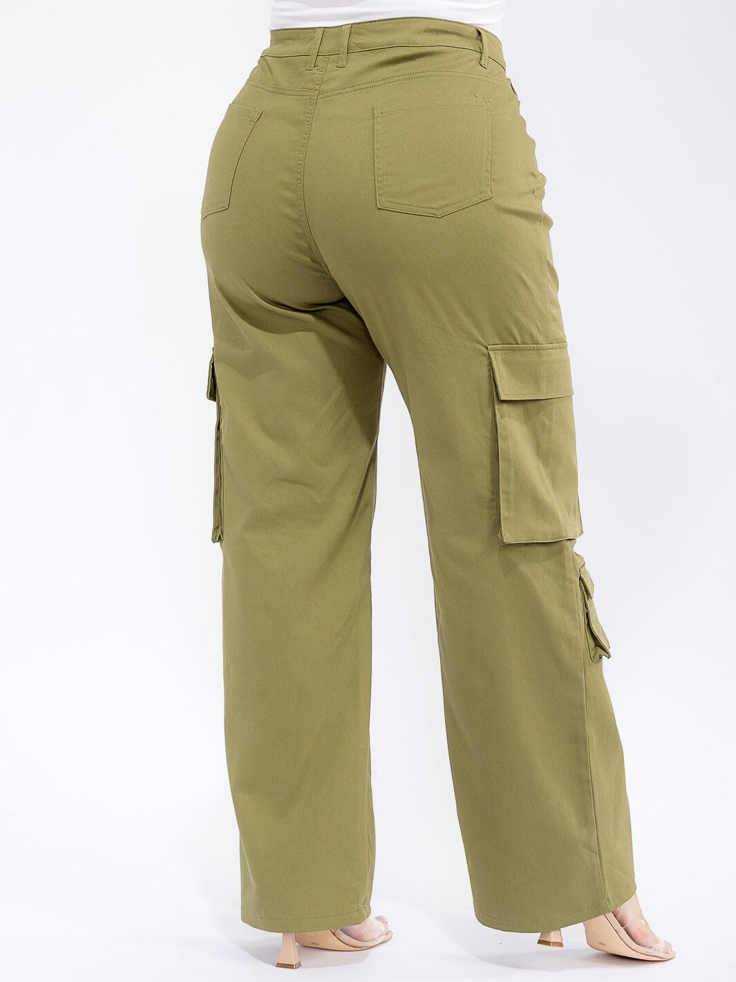 PLUS SIZE BUTTON CLOSURE CARGO POCKETS WIDE LEG PANTS