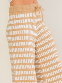 WOMEN'S ELASTIC WAIST SELF TIE COLORBLOCK WIDE LEG KNIT PANTS