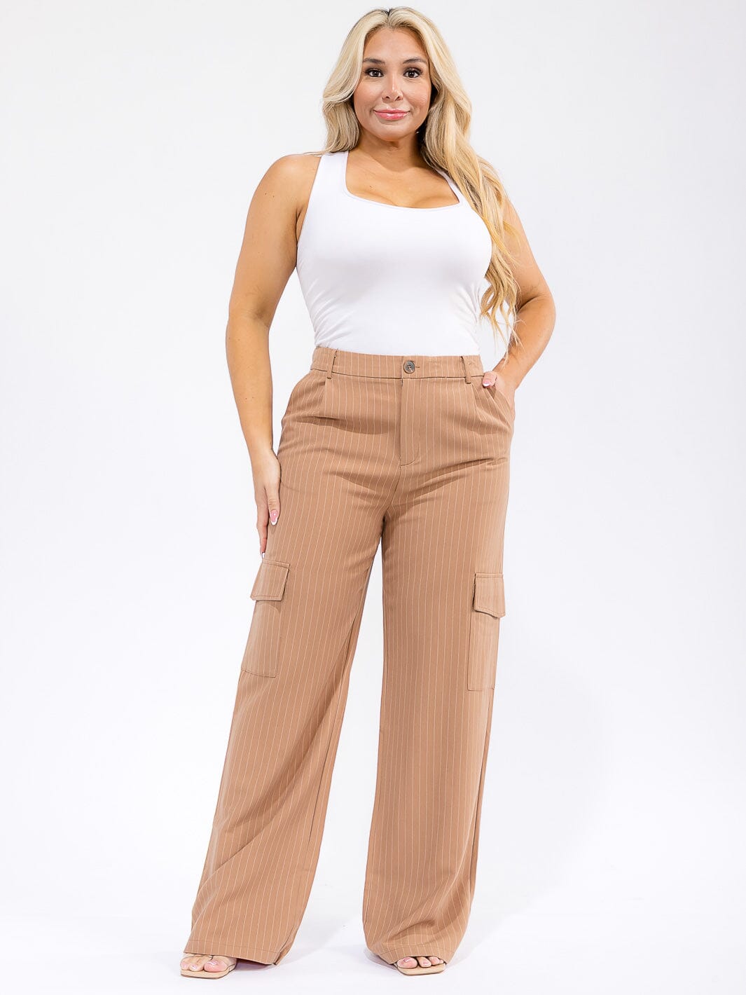 PLUS SIZE BUTTON CLOSURE CARGO POCKETS WIDE LEG STRIPES PANTS