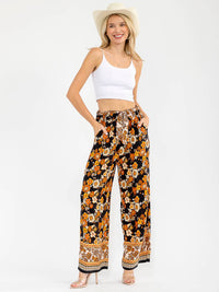 WOMEN'S ELASTIC WAIST SELF TIE FLORAL WIDE LEGS PALAZZO PANTS