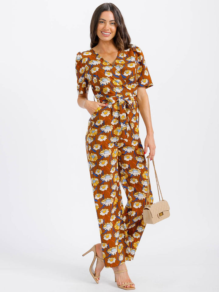 WOMEN'S SHORT SLEEVE SURPLICE SELF TIE FRONT POCKETS FLORAL JUMPSUIT