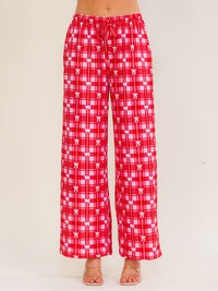 WOMEN'S ELASTIC WAIST SELF TIE COLORBLOCK BOW PRINT WIDE LEG PANTS