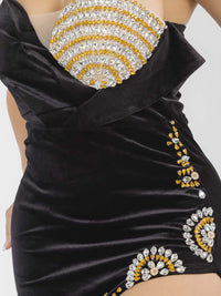 WOMEN'S SLEEVELESS FRONT SLIT SEQUINS VELVET BODYCON MAXI DRESS